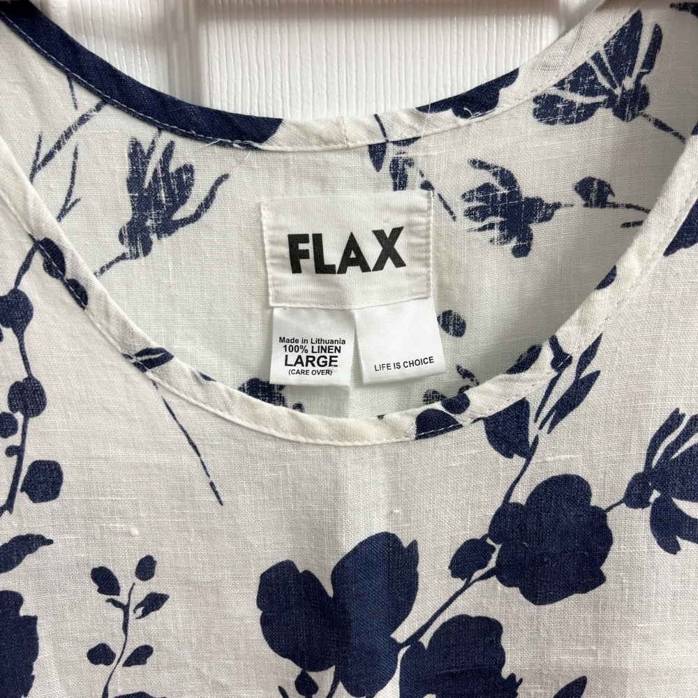 Flax 100% Linen Floral Midi Dress White Large Navy Blue Boho Lagenlook - Picture 2 of 5